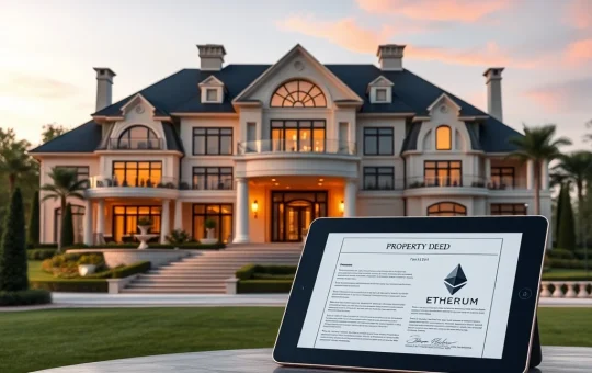 A luxurious property transaction being finalized with Bitcoin Ethereum transactions, symbolizing the fusion of digital assets and high-end real estate.