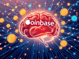 Coinbase Ventures logo alongside abstract representations of AI and blockchain, symbolizing their investment in an AI trading platform for crypto efficiency.