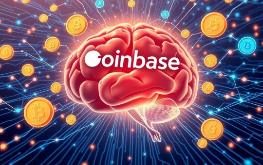 Coinbase Ventures logo alongside abstract representations of AI and blockchain, symbolizing their investment in an AI trading platform for crypto efficiency.