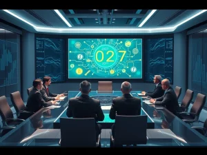 Corporate executives analyzing crypto adoption strategies in a futuristic boardroom