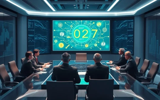 Corporate executives analyzing crypto adoption strategies in a futuristic boardroom
