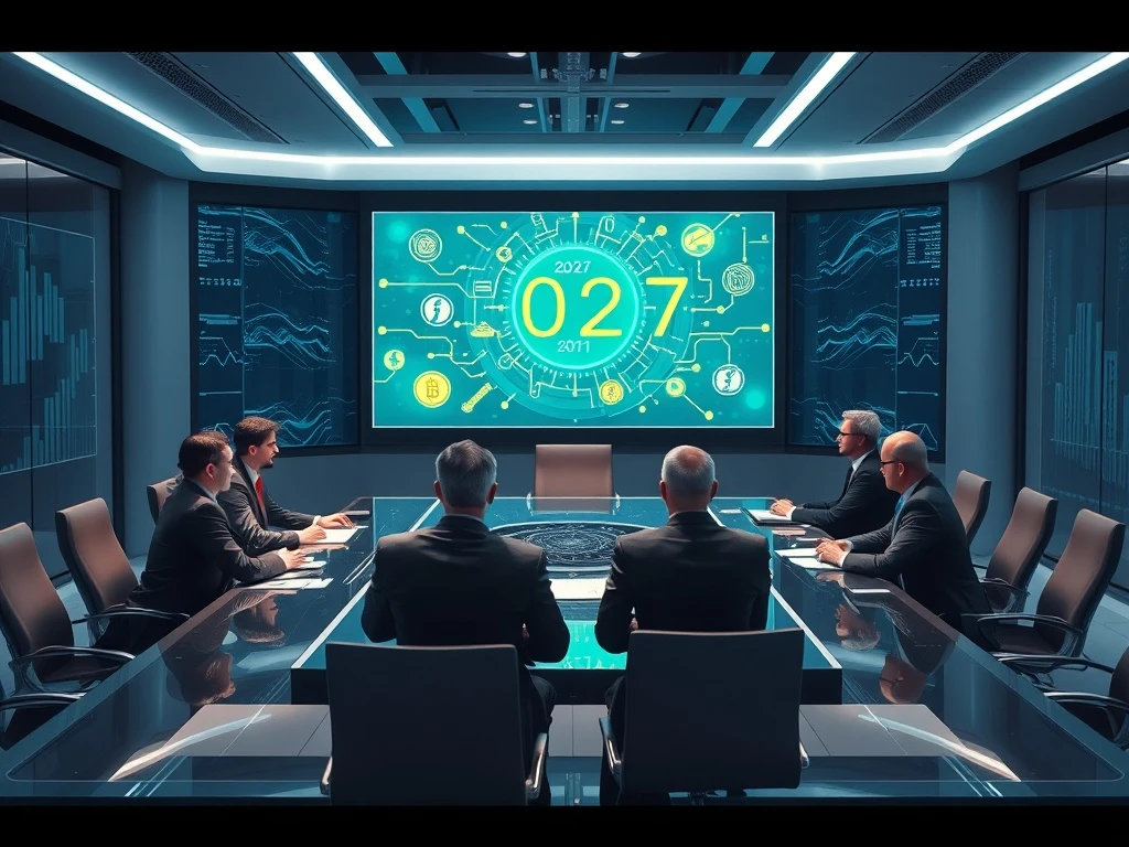 Corporate executives analyzing crypto adoption strategies in a futuristic boardroom