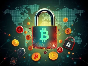 A digital representation of crypto crime impacting blockchain security, with symbols of cryptocurrencies behind protective barriers and regulatory frameworks.