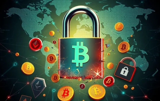 A digital representation of crypto crime impacting blockchain security, with symbols of cryptocurrencies behind protective barriers and regulatory frameworks.