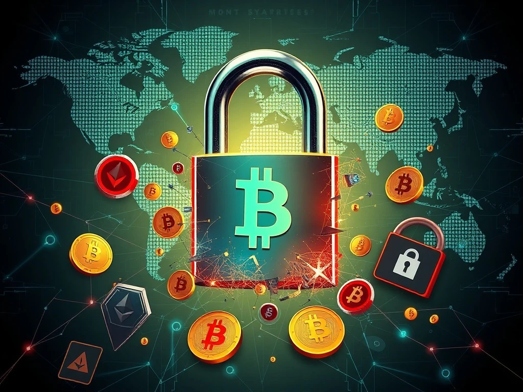 A digital representation of crypto crime impacting blockchain security, with symbols of cryptocurrencies behind protective barriers and regulatory frameworks.