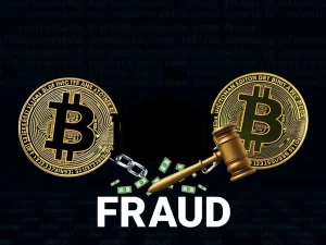 Gavel striking a stack of digital coins, symbolizing the Hubei court's sentencing in a major crypto fraud case involving D Coin manipulation.