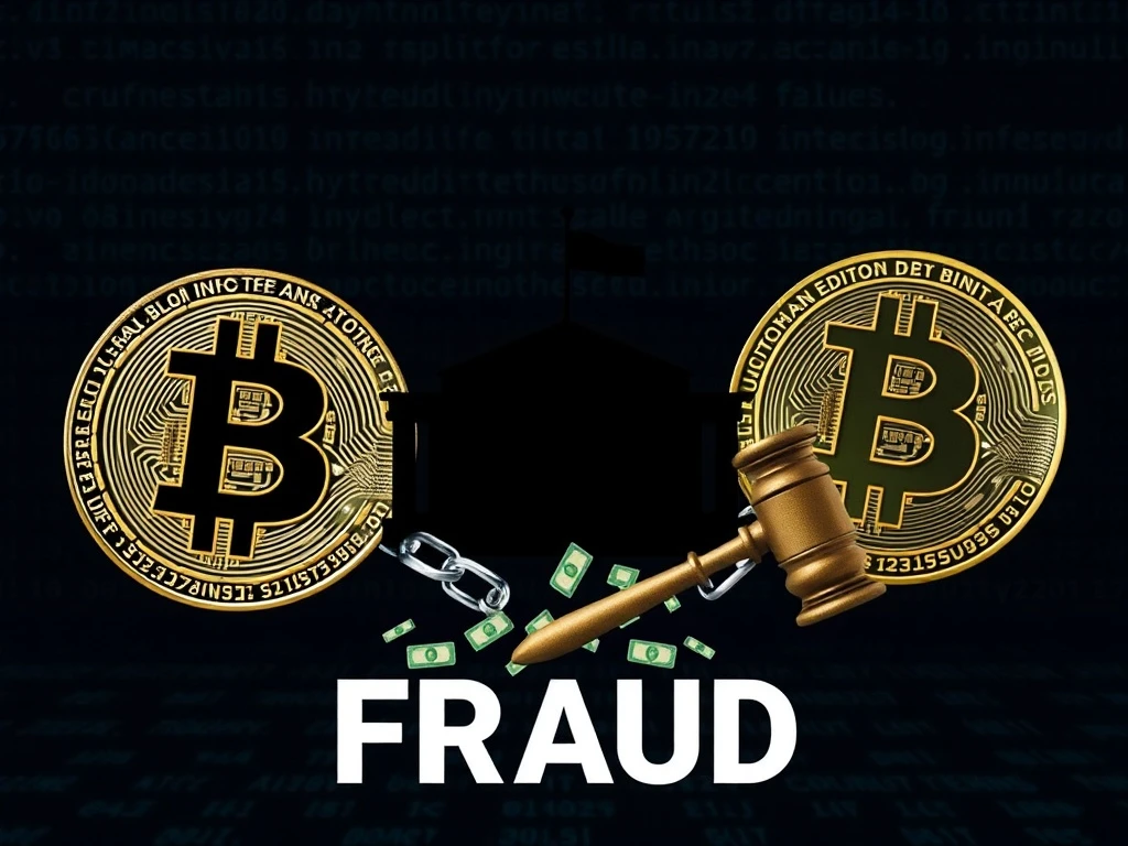 Gavel striking a stack of digital coins, symbolizing the Hubei court's sentencing in a major crypto fraud case involving D Coin manipulation.