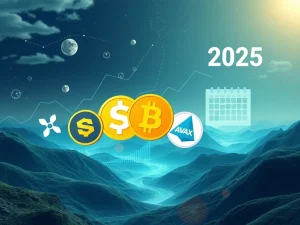 Visualizing crypto investment strategies for 2025, showing growth potential of XRP, Solana, Cardano, DeSoc, and Avalanche against a futuristic market backdrop.