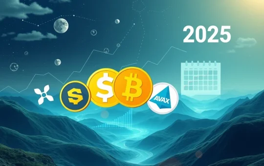 Visualizing crypto investment strategies for 2025, showing growth potential of XRP, Solana, Cardano, DeSoc, and Avalanche against a futuristic market backdrop.
