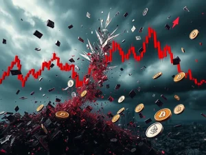 A red, downward-trending crypto chart with shattered digital coins, symbolizing the massive $727M crypto liquidations and market volatility.