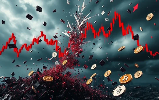 A red, downward-trending crypto chart with shattered digital coins, symbolizing the massive $727M crypto liquidations and market volatility.