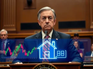 US Senator reviews a screen showing crypto charts and a house, highlighting the Senate's urgent probe into the FHFA's crypto mortgage proposal risks.