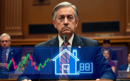 US Senator reviews a screen showing crypto charts and a house, highlighting the Senate's urgent probe into the FHFA's crypto mortgage proposal risks.