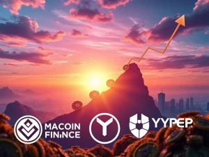 Illustrates the surge in Cryptocurrency Presales, showing digital coins rising with charts, symbolizing high potential gains from projects like MAGACOIN FINANCE, Token6900, and HYPER crypto.