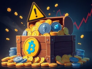 Warning sign over a treasure chest of Bitcoin and Ethereum coins symbolizing overvalued crypto treasury companies.