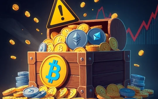 Warning sign over a treasure chest of Bitcoin and Ethereum coins symbolizing overvalued crypto treasury companies.