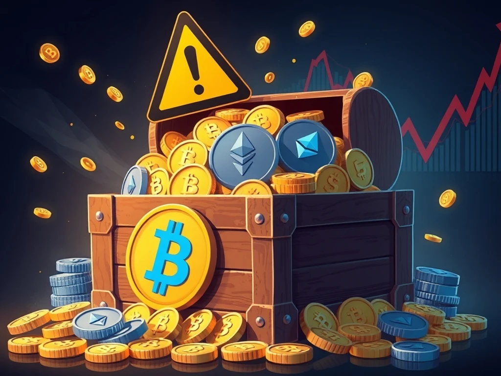 Warning sign over a treasure chest of Bitcoin and Ethereum coins symbolizing overvalued crypto treasury companies.
