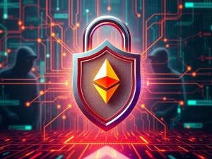 An illustration symbolizing robust cryptocurrency security, with a digital shield protecting crypto assets from various cyber threats and scams.