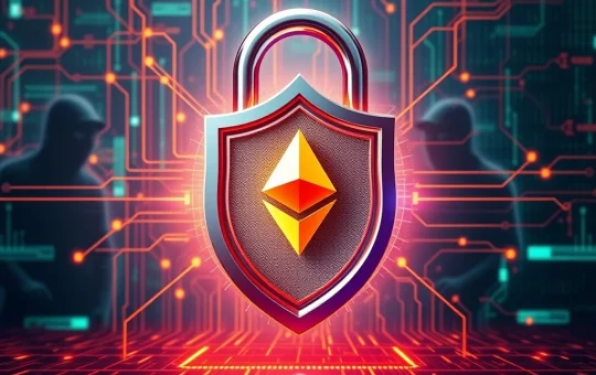 An illustration symbolizing robust cryptocurrency security, with a digital shield protecting crypto assets from various cyber threats and scams.