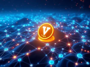 CYBER token logo glowing in a futuristic blockchain network, symbolizing rapid growth and decentralized identity solutions.