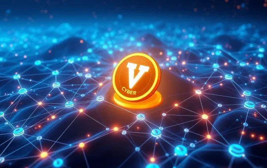 CYBER token logo glowing in a futuristic blockchain network, symbolizing rapid growth and decentralized identity solutions.
