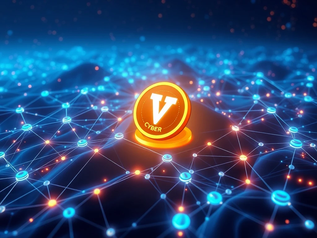 CYBER token logo glowing in a futuristic blockchain network, symbolizing rapid growth and decentralized identity solutions.