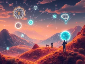 Illustration of decentralized work in the Web3 economy, showing interconnected individuals and AI collaborating on a blockchain network.