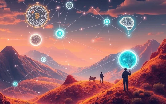 Illustration of decentralized work in the Web3 economy, showing interconnected individuals and AI collaborating on a blockchain network.