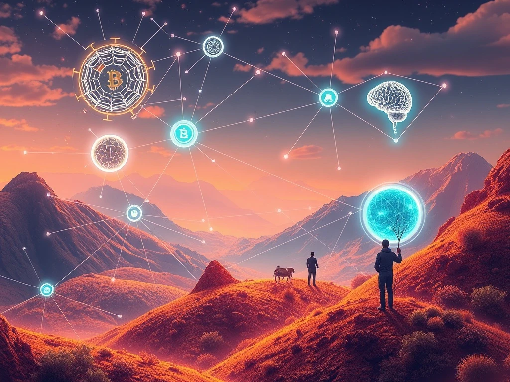 Illustration of decentralized work in the Web3 economy, showing interconnected individuals and AI collaborating on a blockchain network.