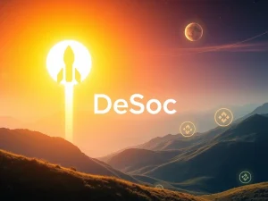 DeSoc's logo ascending past Solana and BNB symbols, illustrating its growth as a top crypto buy.