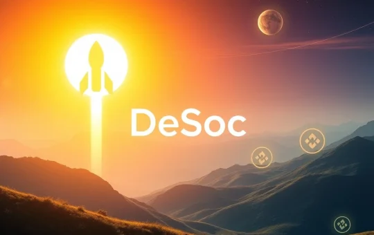 DeSoc's logo ascending past Solana and BNB symbols, illustrating its growth as a top crypto buy.