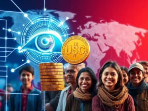 Divine Research's innovative USDC loans system, showing an iris scan linked to crypto tokens, symbolizing financial inclusion.