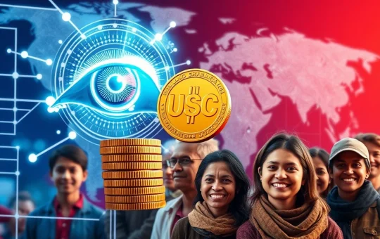 Divine Research's innovative USDC loans system, showing an iris scan linked to crypto tokens, symbolizing financial inclusion.