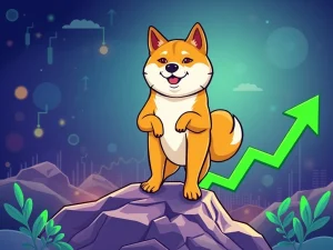 A Shiba Inu (Dogecoin mascot) on an upward-trending crypto chart, symbolizing Dogecoin's potential bullish reversal from its accumulation zone.