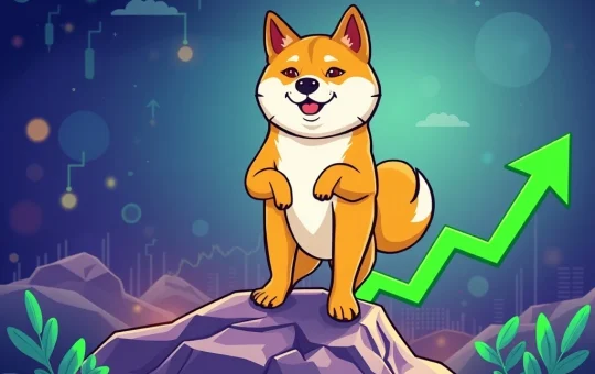 A Shiba Inu (Dogecoin mascot) on an upward-trending crypto chart, symbolizing Dogecoin's potential bullish reversal from its accumulation zone.