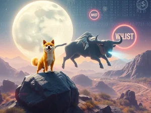 A Shiba Inu and bull on the moon symbolizing the explosive Dogecoin News and MoonBull's rise in the meme coin market.