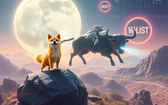 A Shiba Inu and bull on the moon symbolizing the explosive Dogecoin News and MoonBull's rise in the meme coin market.