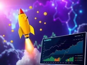Dogecoin surge depicted by a rocket, with the Pepeto meme coin platform interface in the foreground, showing crypto market trends.