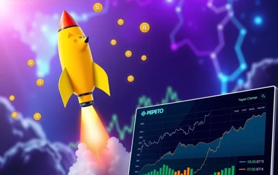 Dogecoin surge depicted by a rocket, with the Pepeto meme coin platform interface in the foreground, showing crypto market trends.