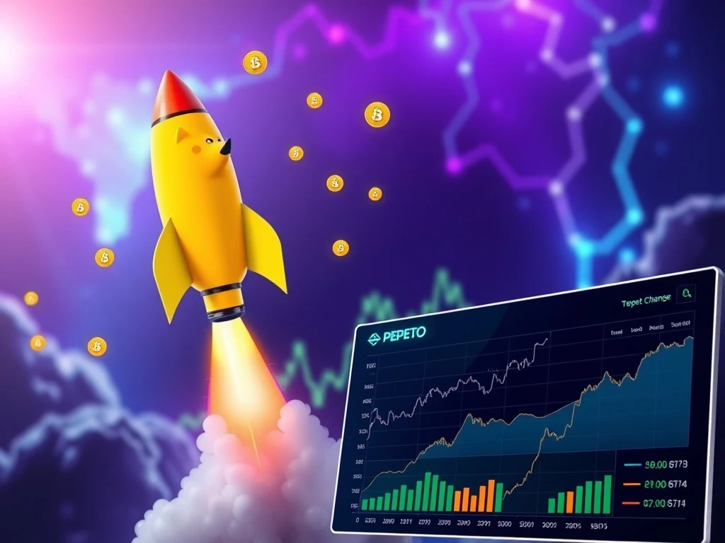 Dogecoin surge depicted by a rocket, with the Pepeto meme coin platform interface in the foreground, showing crypto market trends.