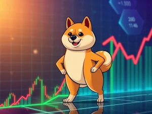 Dogecoin's mascot on a trading chart, illustrating a significant crypto breakout above a descending trendline.
