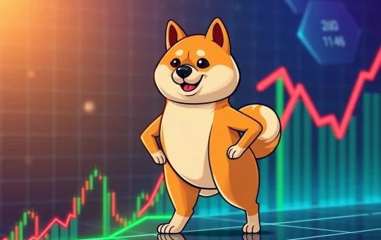 Dogecoin's mascot on a trading chart, illustrating a significant crypto breakout above a descending trendline.