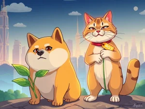 A Shiba Inu dog (Dogecoin) facing a mischievous cat (Troller Cat) representing a new challenge to Dogecoin's Meme Coin Dominance in the crypto space.