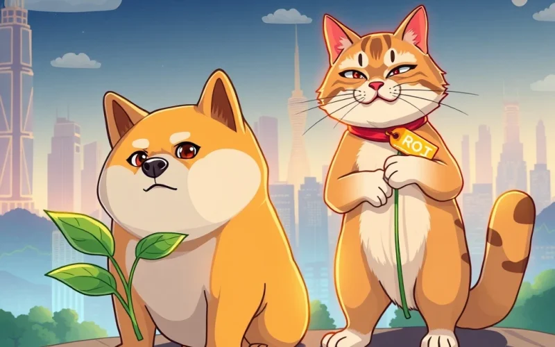 A Shiba Inu dog (Dogecoin) facing a mischievous cat (Troller Cat) representing a new challenge to Dogecoin's Meme Coin Dominance in the crypto space.