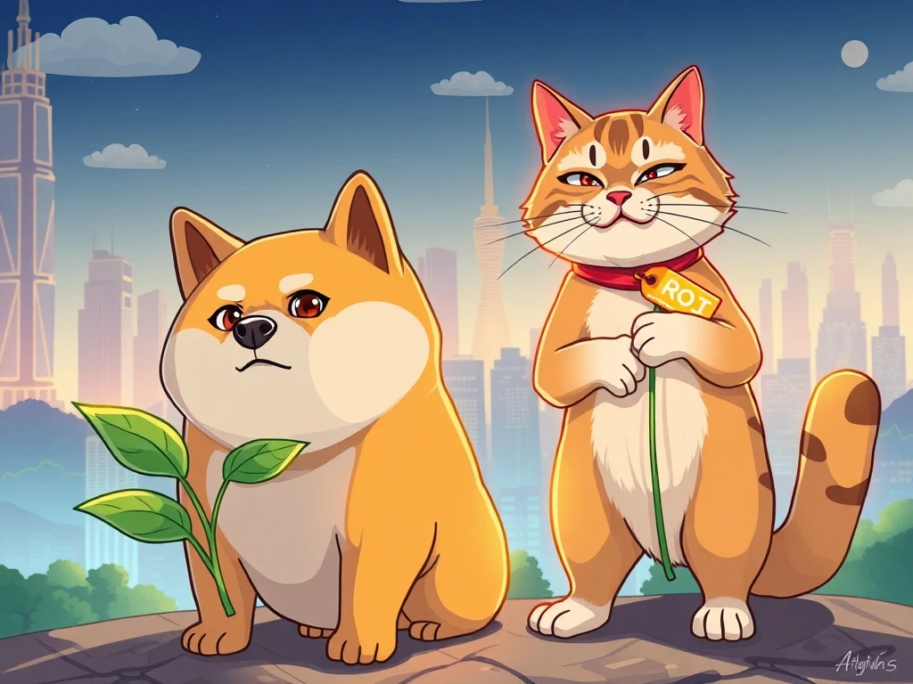 A Shiba Inu dog (Dogecoin) facing a mischievous cat (Troller Cat) representing a new challenge to Dogecoin's Meme Coin Dominance in the crypto space.