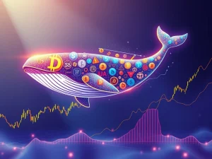 A large whale made of Dogecoin symbols breaking through a crypto chart's resistance line, signifying massive DOGE accumulation.