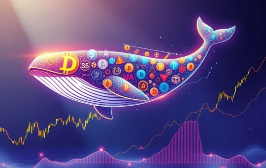 A large whale made of Dogecoin symbols breaking through a crypto chart's resistance line, signifying massive DOGE accumulation.