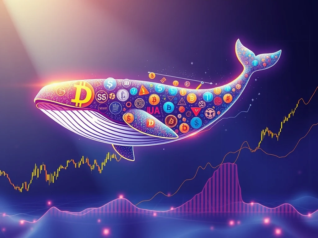 A large whale made of Dogecoin symbols breaking through a crypto chart's resistance line, signifying massive DOGE accumulation.