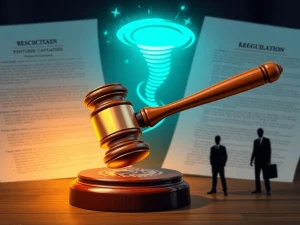 Depicts the serious implications of DOJ charges against Dragonfly Capital, highlighting legal challenges in crypto regulation.