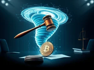 A gavel hitting a crypto coin, symbolizing the DOJ's probe into Dragonfly Capital's Tornado Cash investment and its implications for crypto investor liability.